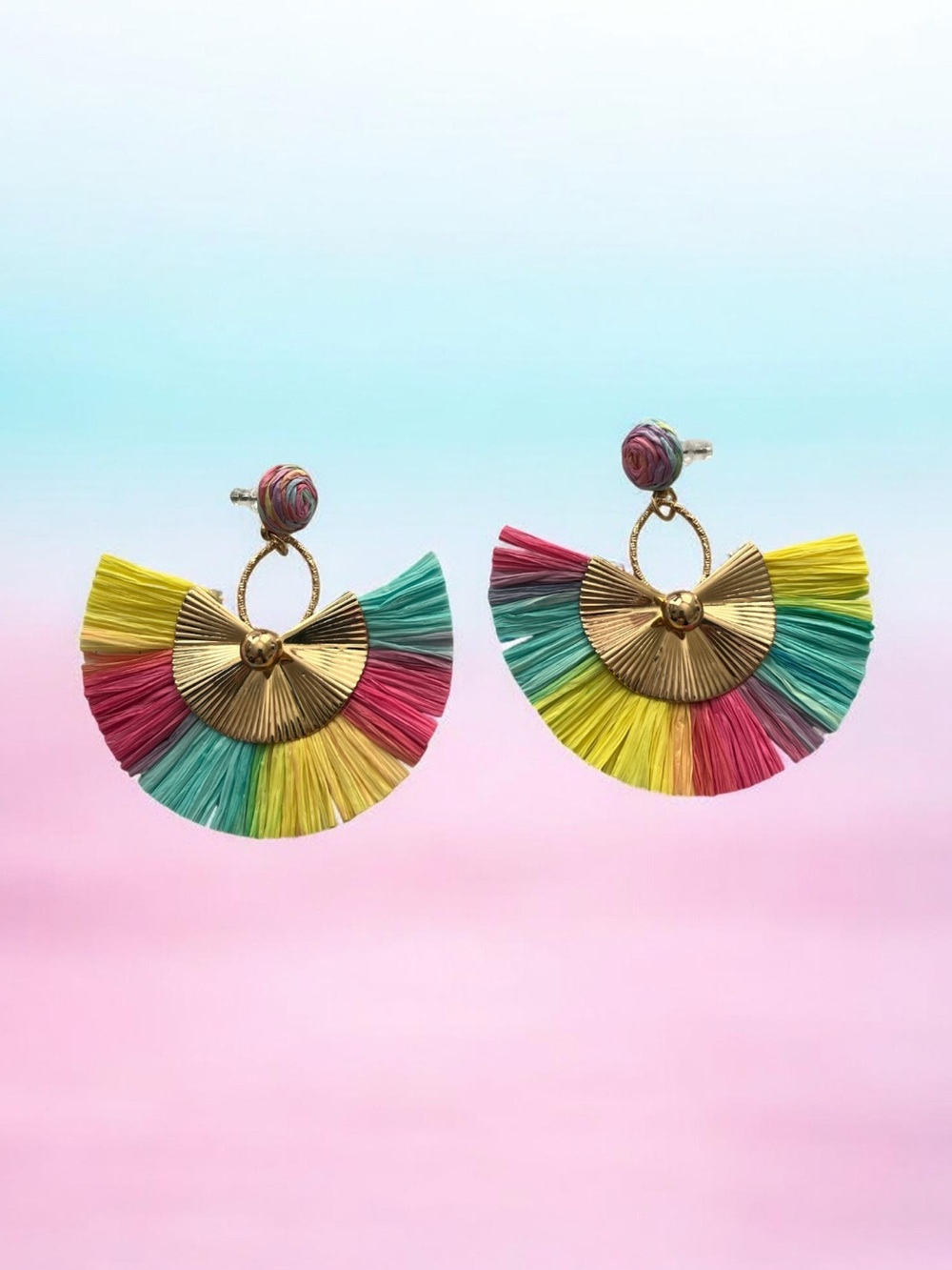 Colorful Raffia Fan Drop Earrings